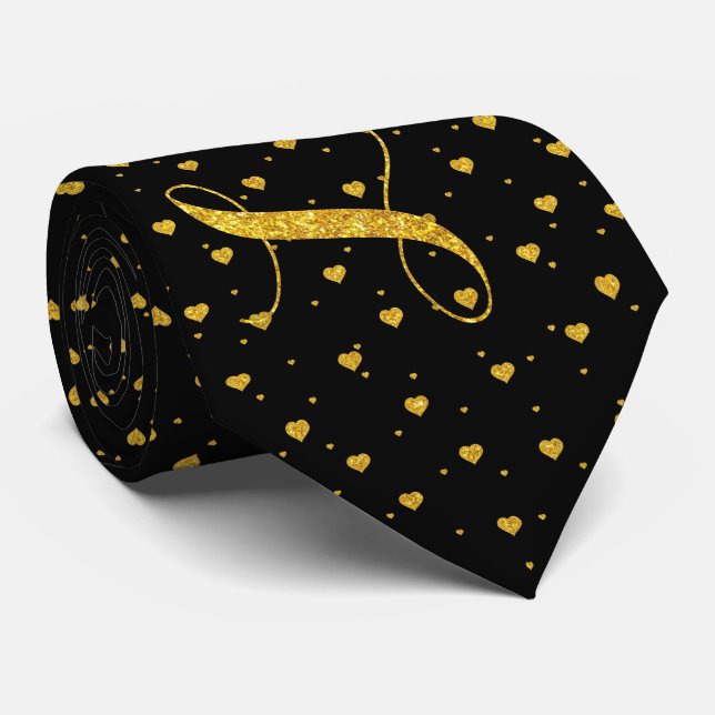 Black & Gold Glitter Hearts & Love Pattern Tie (Rolled)