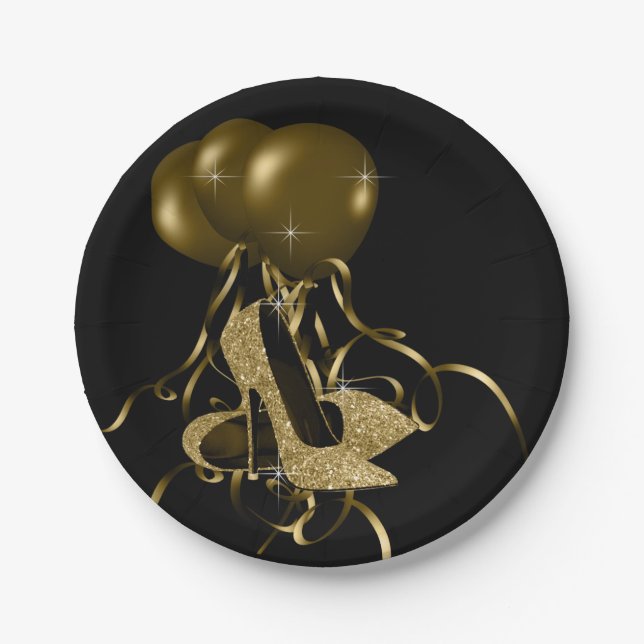 Black Gold Glitter High Heel Shoes Womans Birthday Paper Plate (Front)