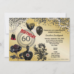 Black Gold Glitter & High Heels 60th Birthday Invitation