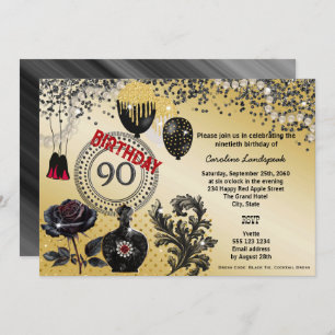 Black Gold Glitter & High Heels 90th Birthday Invitation