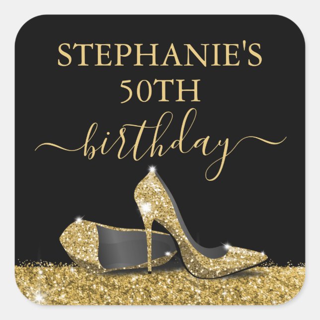 Black Gold Glitter High Heels Birthday Favour Square Sticker (Front)