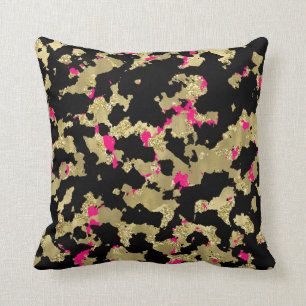 Black Gold Glitter Hot Pink Abstract Peeling Glam Cushion
