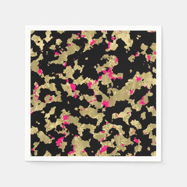 Black Gold Glitter Hot Pink Abstract Peeling Glam Napkin (Front)