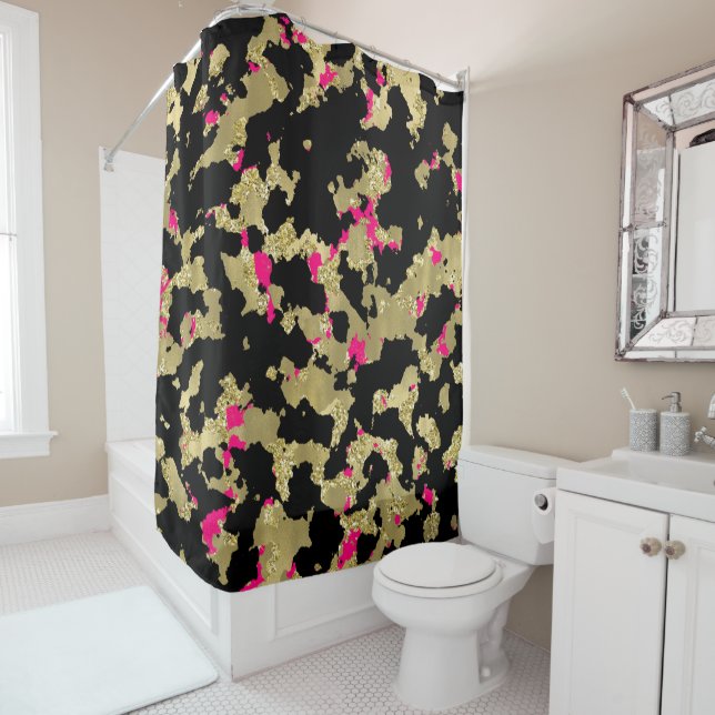 Black Gold Glitter Hot Pink Abstract Peeling Glam Shower Curtain (In Situ)