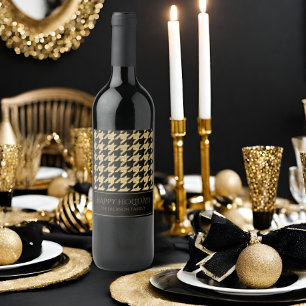 Black & Gold Glitter Houndstooth Happy Holidays Wine Label