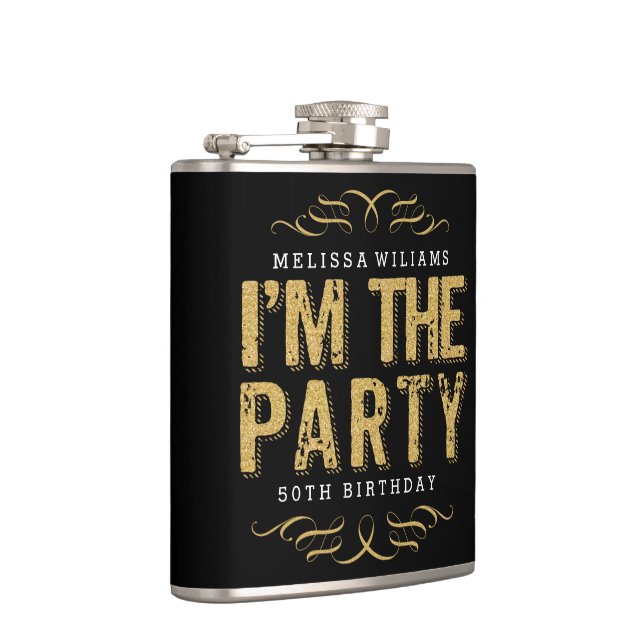 Black & Gold Glitter I'm The Party Modern Text Hip Flask (Right)