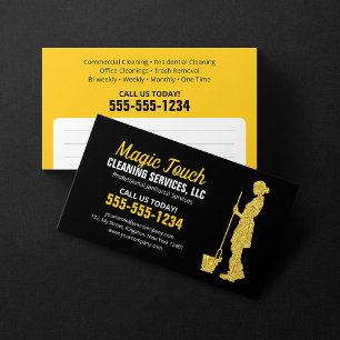 Black Gold Glitter Janitorial Maid House Cleaning Business Card