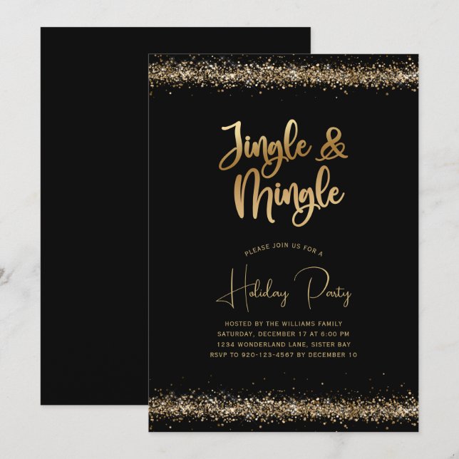 Black Gold Glitter Jingle and Mingle Holiday Party Invitation (Front/Back)