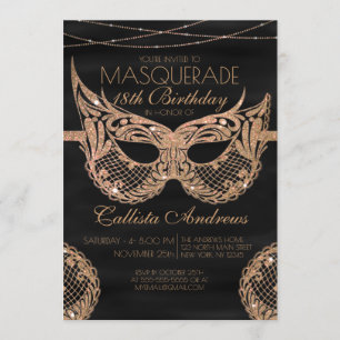 Black Gold Glitter Lace Masquerade Birthday Invitation