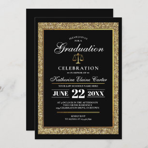 Black Gold Glitter Law School Graduation Party Invitation