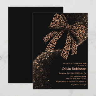 Black Gold Glitter Leopard Print Bow 21st Birthday Invitation