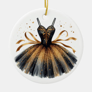 BLACK & GOLD GLITTER LOOK BALLET TUTU CERAMIC ORNAMENT