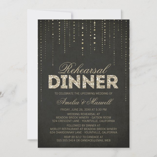 Black & Gold Glitter Look Rehearsal Dinner Invite (Front)