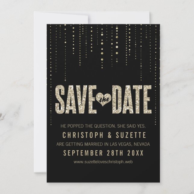 Black & Gold Glitter Look Save The Dates Save The Date (Front)