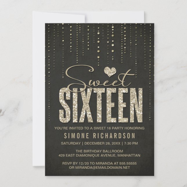 Black & Gold Glitter Look Sweet 16 (Sixteen) Party Invitation (Front)