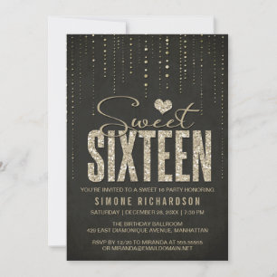 Black & Gold Glitter Look Sweet 16 (Sixteen) Party Invitation