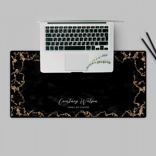 Black & Gold Glitter Marble Calligraphy Logo Lux Desk Mat (Black and gold glitter desk mat with custom name or logo)
