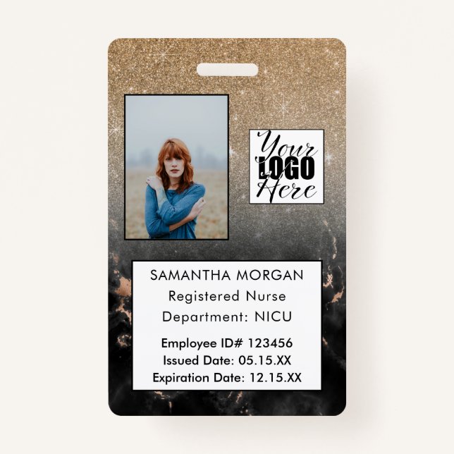 Black Gold Glitter Marble Photo Logo Employee ID ID Badge (Front)
