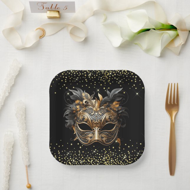 Black Gold Glitter Mardi Gras Paper Plate (Wedding)