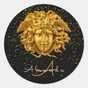 Black Gold Glitter Medusa Script Haute Couture Classic Round Sticker