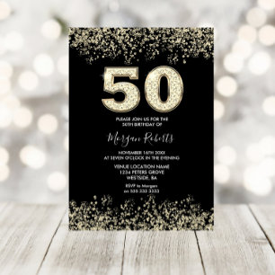 Black Gold Glitter Mens Womans 50th Birthday Party Invitation