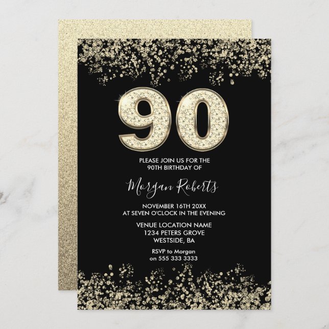 Black Gold Glitter Mens Womans 90th Birthday Party Invitation (Front/Back)