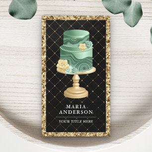 Black Gold Glitter Mint Green Floral Cake Bakery Business Card