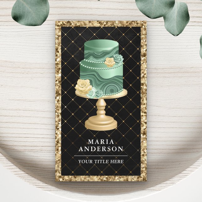 Black Gold Glitter Mint Green Floral Cake Bakery Business Card (Creator Uploaded)