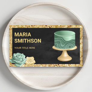 Black Gold Glitter Mint Green Marble Cake Bakery Business Card