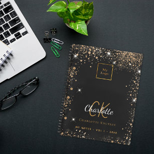 Black gold glitter modern business logo notebook
