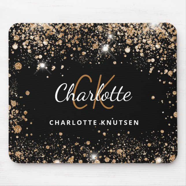 Black gold glitter monogram initails name mouse pad (Front)