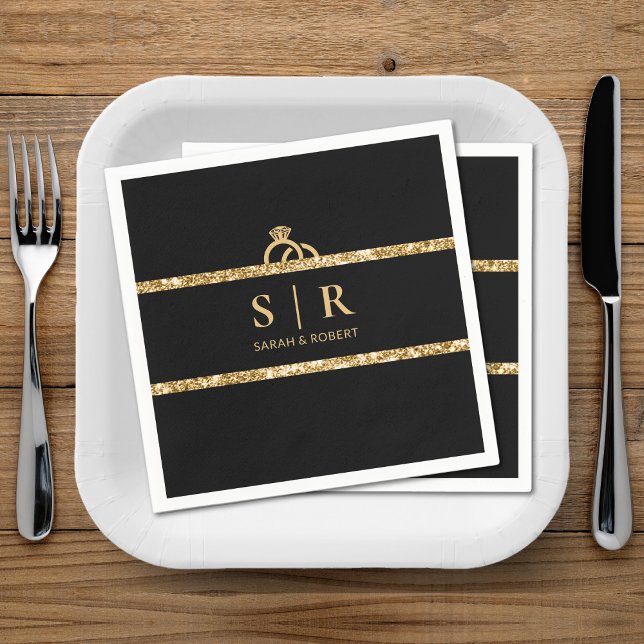 Black & Gold Glitter Monogram Initial Wedding Napkin (Black & Gold Glitter Monogram Initial Wedding Napkins)