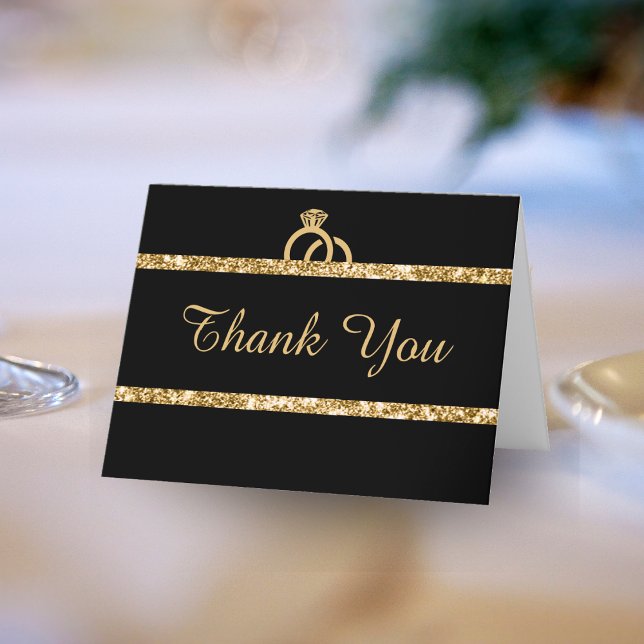 Black & Gold Glitter Monogram Initial Wedding Thank You Card (Black & Gold Glitter Monogram Initial Wedding Thank You Card)