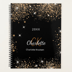 Black gold glitter monogram initials 2025 planner