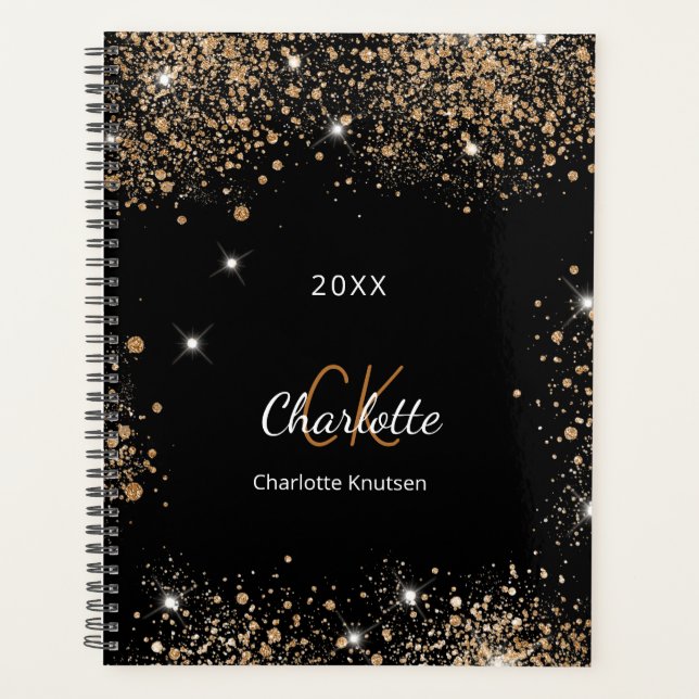 Black gold glitter monogram initials 2026 planner (Front)