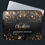 Black gold glitter monogram name glam laptop sleeve<br><div class="desc">A stylish black classic background. Decorated with faux gold glitter dust. Personalise and add your first name,  monogram initials and full name. The name is written with a hand lettered style script.</div>