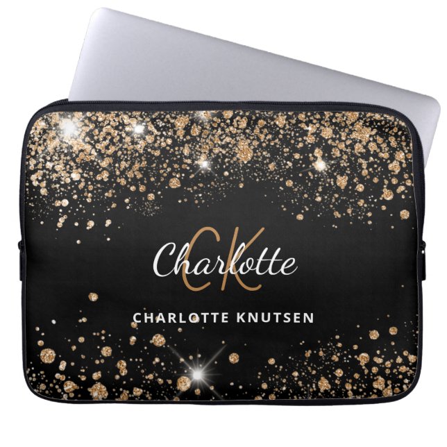 Black gold glitter monogram name glam laptop sleeve (Front)
