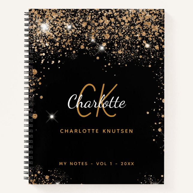 Black gold glitter monogram name glam notebook (Front)