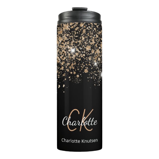 Black gold glitter monogram name sparkle thermal tumbler (Front)