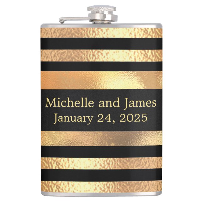 Black Gold Glitter Monogram Wedding  Hip Flask (Front)