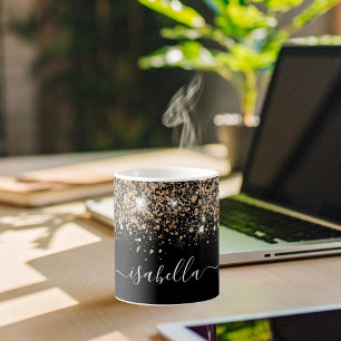 Black gold glitter name glam script coffee mug