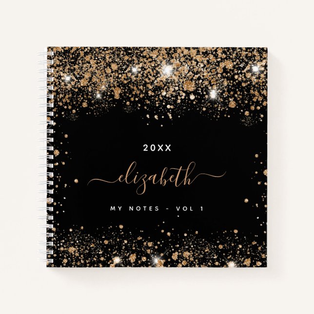 Black gold glitter name script  notebook (Front)