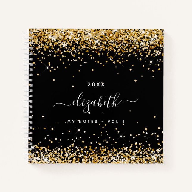 Black gold glitter name script notebook (Front)