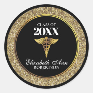 Black Gold Glitter Nurse Graduation Classic Round Sticker