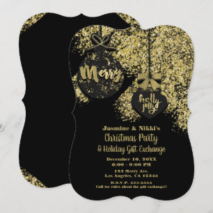 Black Gold Glitter Ornaments Holiday Glam Party Invitation