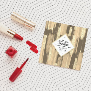 Black Gold Glitter Paint Brushstrokes Makeup Square Business Card