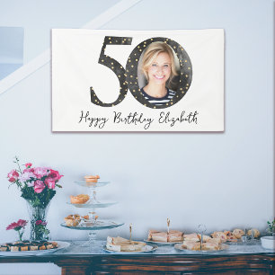 Black Gold Glitter Photo 50th Birthday Party  Banner