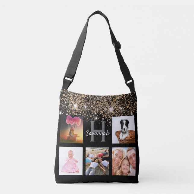 Black gold glitter photo collage monogram name crossbody bag (Front)