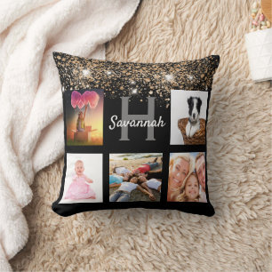 Black gold glitter photo collage monogram name cushion