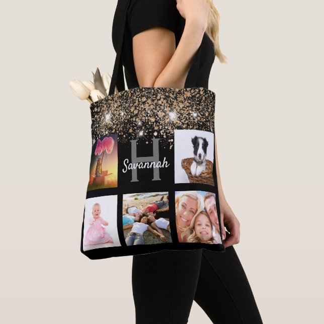 Black gold glitter photo collage monogram name tote bag (Close Up)